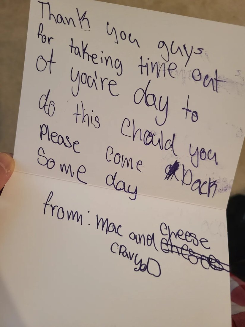 A handwritten thank-you card from a camper